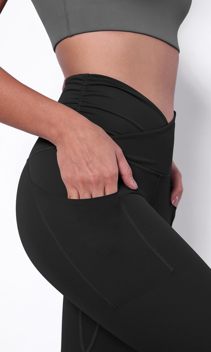 Women's Cross Waist Full Length Yoga Leggings with Pockets, Inseam 28 Gathered Crossover Workout Yoga Pants, Black, X-Small