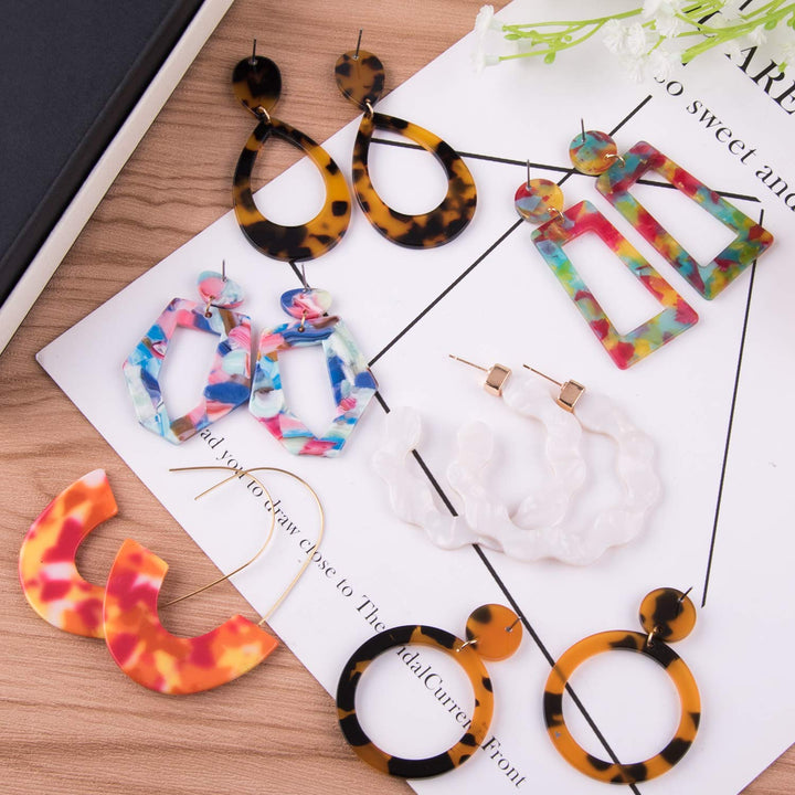 24 Pairs Mottled Acrylic Earrings Resin Drop Dangle Earring Hoop Statement Earrings Polygonal Bohemian Fashion Jewelry Earrings for Women