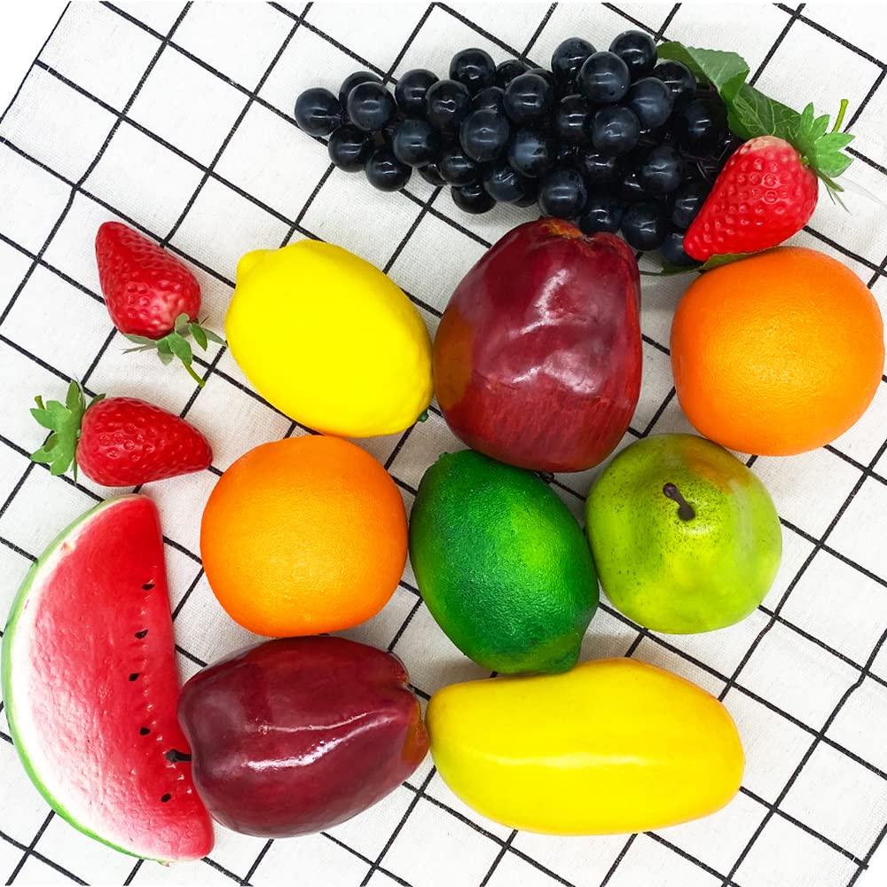 13 Pcs Artificial Fruits Set, Lifelike Realistic Fake Fruit Home Decoration, Faux Fruit Decor for Dining Table, Photography Props Fruit Oranges, Limes, Grapes, Pear