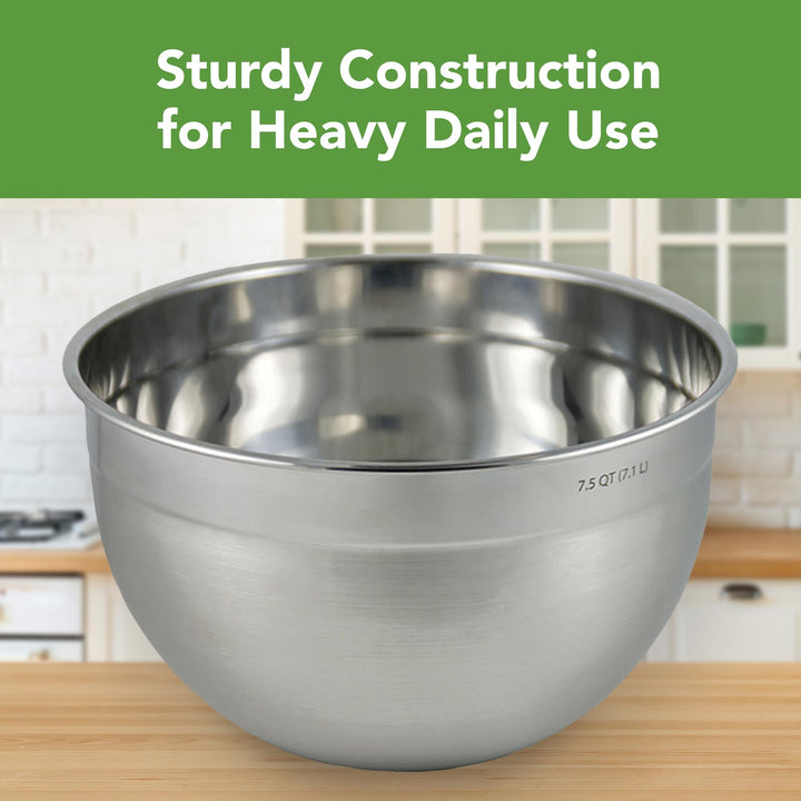 Stainless Steel Mixing Bowls, 7.5 Qt - Metal Nesting Mixing Bowl with Rounded Lip for Easy Pour & Minimal Mess - Large & Small Dishwasher Safe Kitchen Supplies for Prep & Cooking