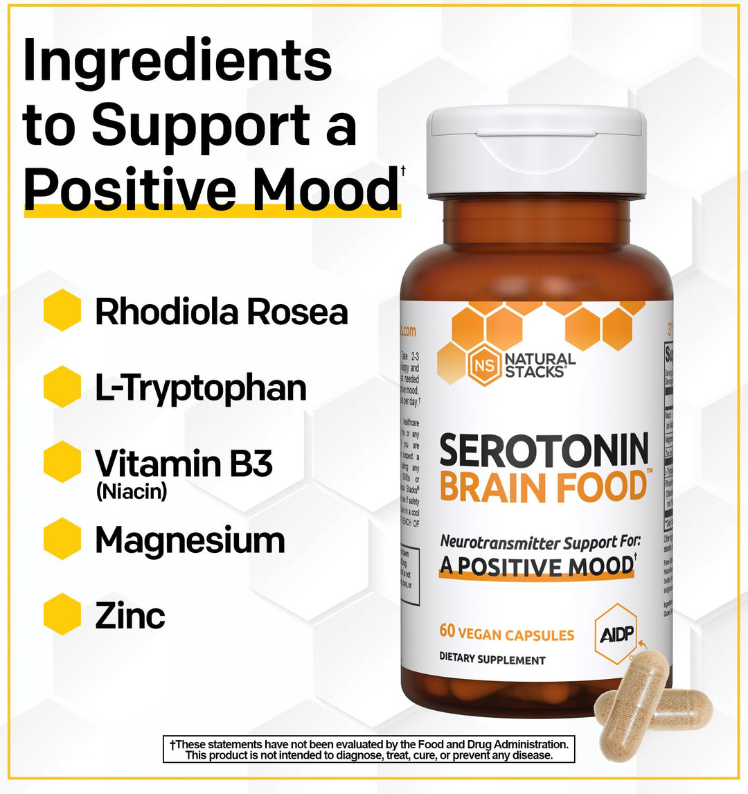 Serotonin Brain Food - 1250mg L-Tryptophan & 400mg Rhodiola Rosea Supplement - Mood Support Supplement for Stress Relief - Neurotransmitter Support with Magnesium Glycinate & Zinc - 60 Capsules