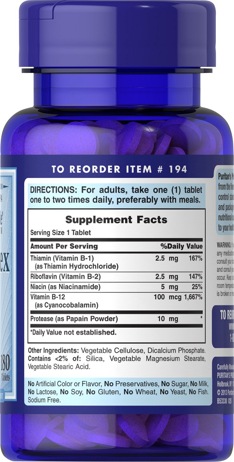 Puritan's Pride Premium Vitamin B-Complex and Vitamin B-12, Vegetarian Dietary Supplement for Cellular Energy Production, Maintains Health of Skin and Nerves Support, 180 Tablets