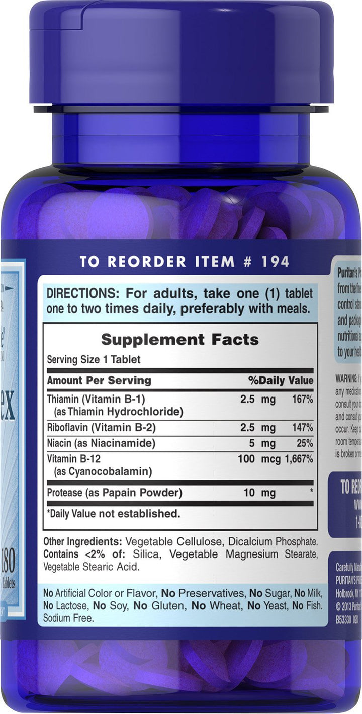 Puritan's Pride Premium Vitamin B-Complex and Vitamin B-12, Vegetarian Dietary Supplement for Cellular Energy Production, Maintains Health of Skin and Nerves Support, 180 Tablets