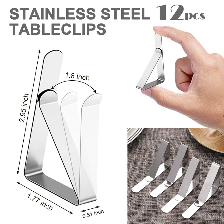 12 Pack Tablecloth Clips- Picnic Table Cloth Clips- Stainless Steel Table Cloth Cover Clamps- Table Clips for Restaurant Picnics Marquees Weddings Graduation Party- Fits Up to 1.7” Thick Tables