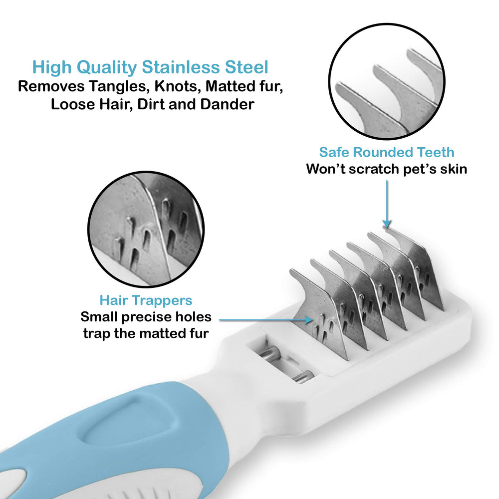 Professional Pet Mat Remover - Dematting Tool for Grooming Cats & Dogs - Removes Matted Fur, Tangles, Knots, Loose Hair & Dirt - Stainless Steel, Gentle Teeth, Soft Comfort Grip Handle,Blue