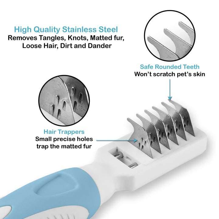 Professional Pet Mat Remover - Dematting Tool for Grooming Cats & Dogs - Removes Matted Fur, Tangles, Knots, Loose Hair & Dirt - Stainless Steel, Gentle Teeth, Soft Comfort Grip Handle,Blue