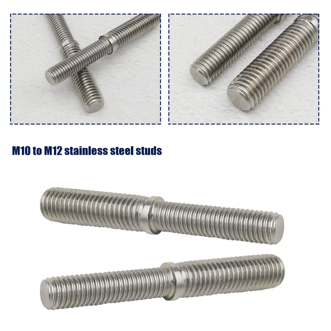 2Pcs Double End Threaded Stud Screw Bolts M10 to M12 80mm 304 Stainless Steel Reduction Thread Adapter for Structural Columns Fasteners