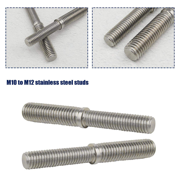 2Pcs Double End Threaded Stud Screw Bolts M10 to M12 80mm 304 Stainless Steel Reduction Thread Adapter for Structural Columns Fasteners