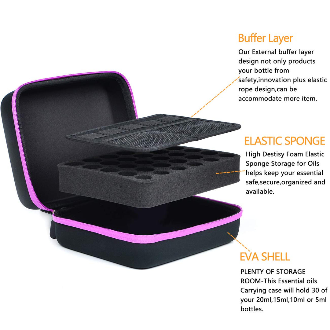 Essential Oil Carrying Organizer Storage Case for 30 Roller Bottles 5/10/15/20ml Small bottles with Free Writable Labels Opener Holds Purple-8.7Lx6.3Wx3.7H
