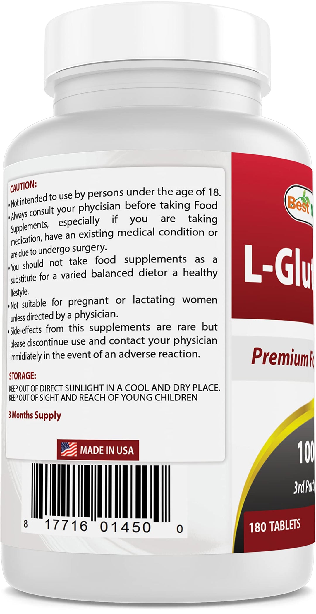 L-Glutamine 1000mg Fuel for Workout (Non-GMO) Tablets, 180 Count