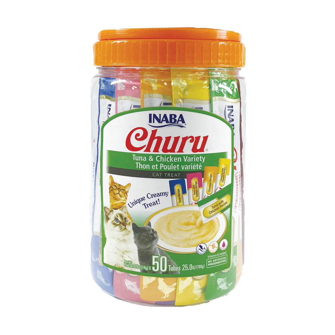 Churu Cat Treats, Grain-Free, Lickable, Squeezable Creamy Purée Cat Treat/Topper with Vitamin E & Taurine, 0.5 Ounces Each Tube, 50 Tubes, Tuna & Chicken Variety