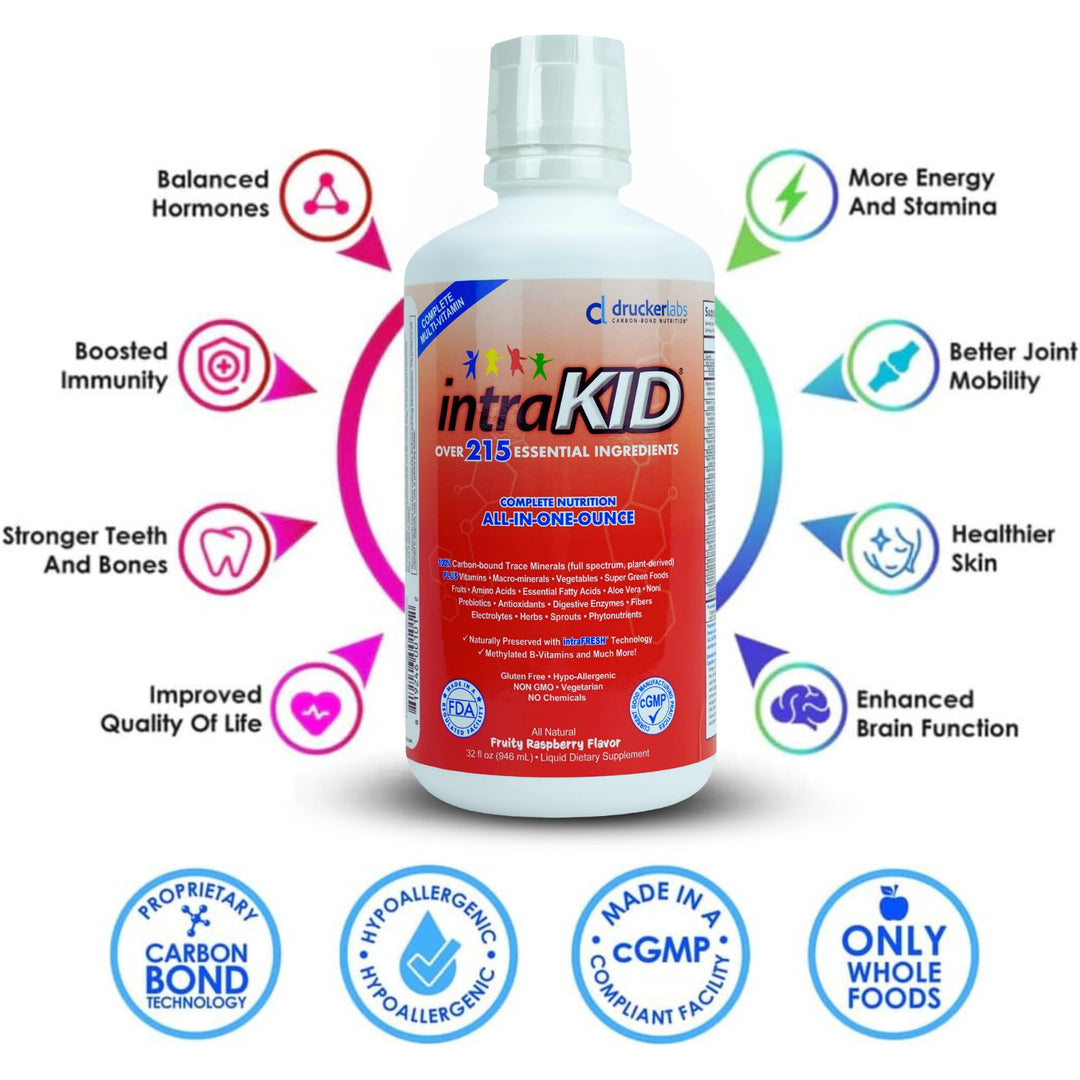 DRUCKER Labs 2.0 Organic Liquid Trace Minerals, Liquid Multivitamin for Kids, Immune Support, Non GMO, Dairy Free, Gluten Free, Magnesium, Vitamin D, C, E, Zinc, (32 oz., Fruity Raspberry)