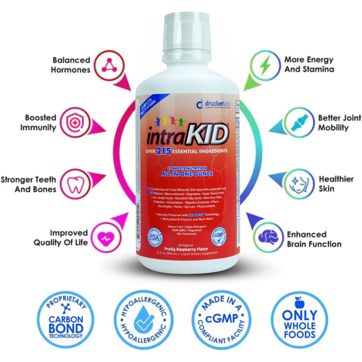 DRUCKER Labs 2.0 Organic Liquid Trace Minerals, Liquid Multivitamin for Kids, Immune Support, Non GMO, Dairy Free, Gluten Free, Magnesium, Vitamin D, C, E, Zinc, (32 oz., Fruity Raspberry)
