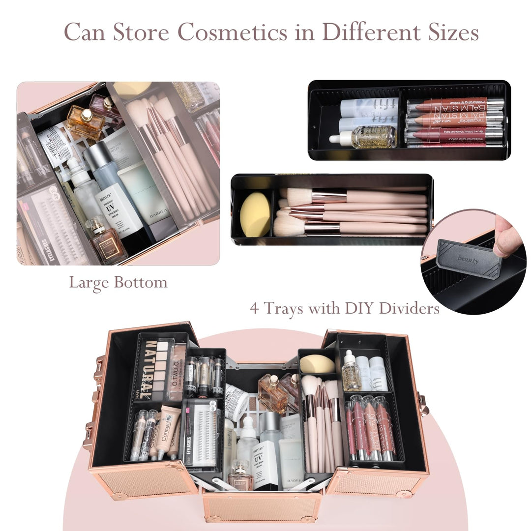 Makeup Train Case 10 Inch Travel Beauty Cosmetic Box Professional 4-trays Jewelry Storage Organizer with Lockable Portable for Women and Girls - Rose Gold