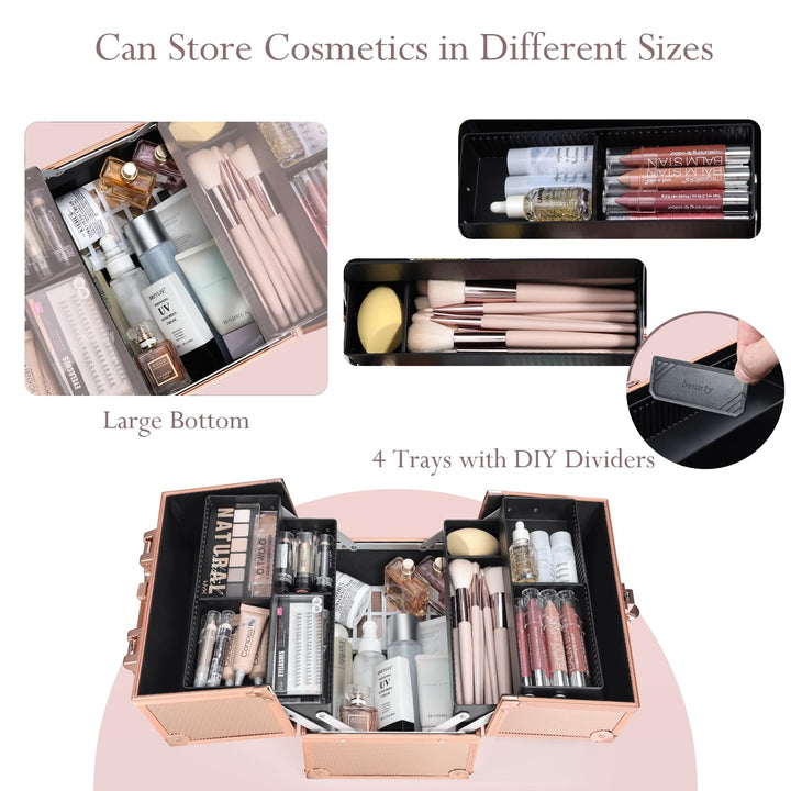 Makeup Train Case 10 Inch Travel Beauty Cosmetic Box Professional 4-trays Jewelry Storage Organizer with Lockable Portable for Women and Girls - Rose Gold