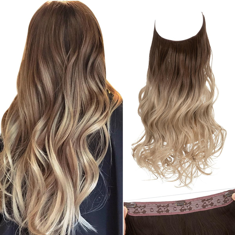 Ombre Invisible Wire Hair Extensions with 3 Clips Long Synthetic Wavy Curly Hairpiece Adjustable Transparent Headband for Women 18 Inch Brown to Ash Blonde
