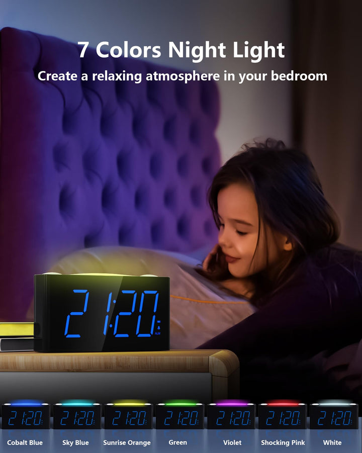 Vibrating Alarm Clock with Bed Shaker,Digital Bedroom Clock for Heavy Sleepers,Deaf Hearing Impaired Senior, 7 Night Light, Large LED Display,Dimmer, 2 USB Charger,12/24H/DST,Battery Backup