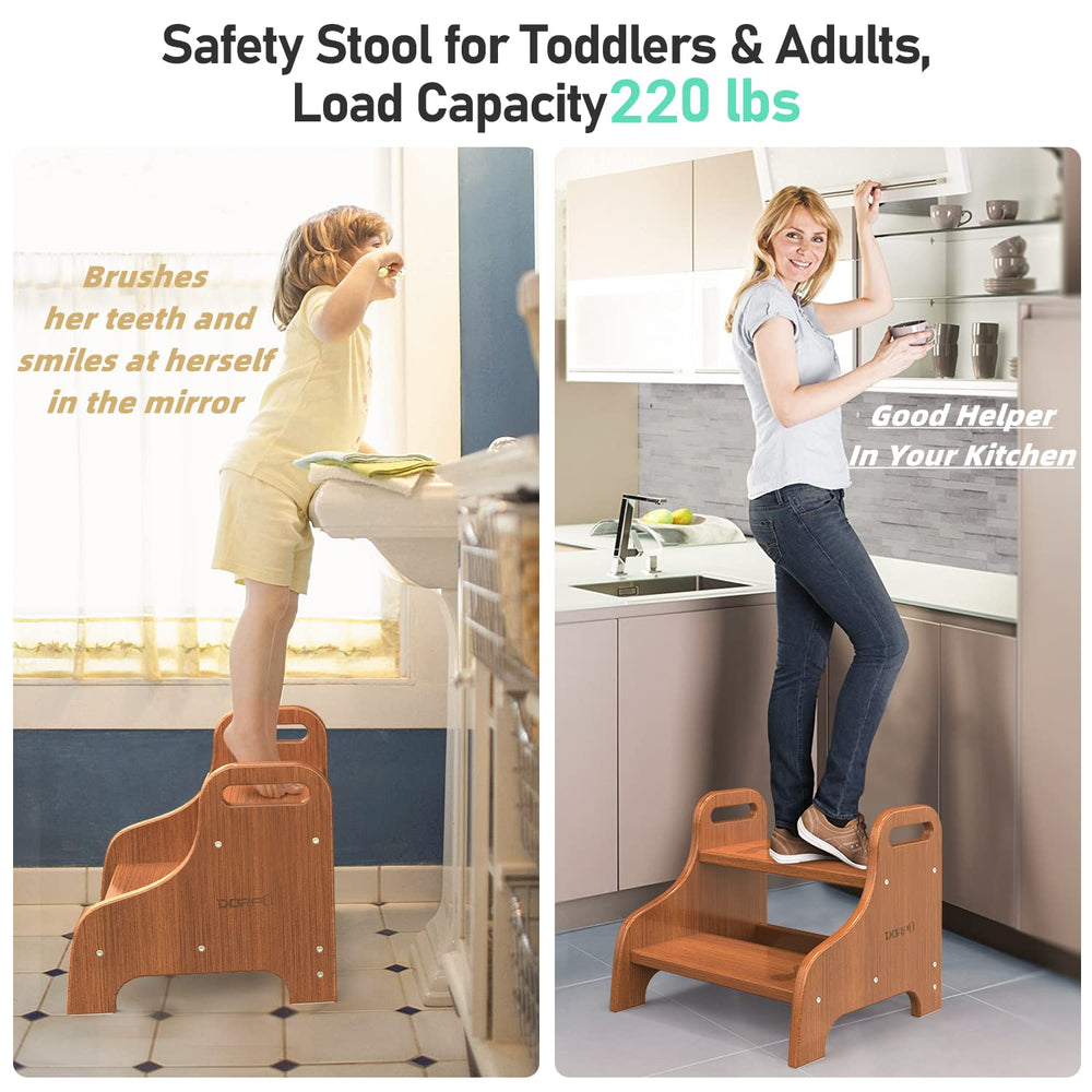 Wooden Step Stool for Adults Kids, Super Sturdy Non-Slip Stepping Stool, Holds 270lbs, Portable Toddler 2 Step Stool, Bamboo Wood Kids Stool for Bathroom, Potty Training, Kitchen (Brown)