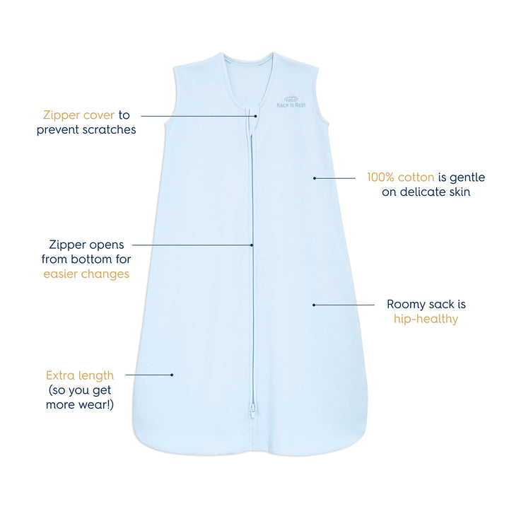 SleepSack, 100% Cotton Wearable Blanket, Swaddle Transition Sleeping Bag, TOG 0.5, Baby Blue, Large