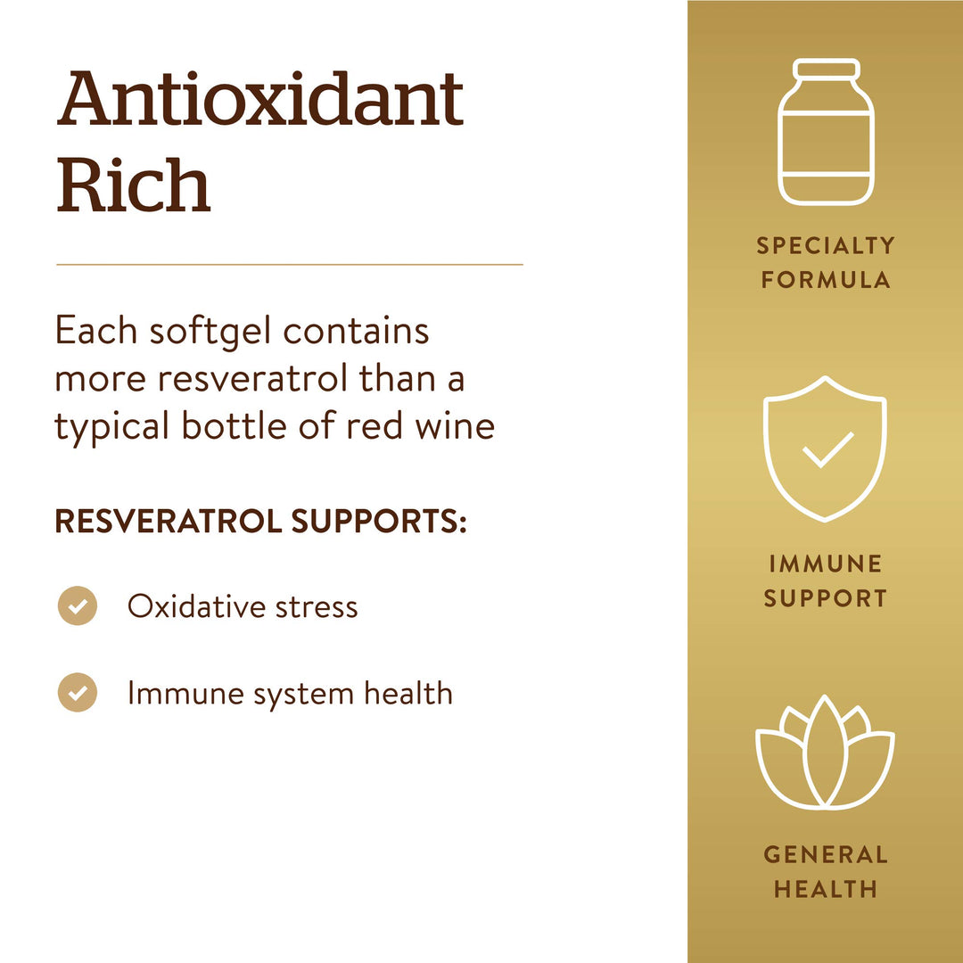 Solgar Resveratrol with Red Wine Extract, 250 mg, 60 Softgels - Antioxidant Protection - Immune Support - Red Wine Polyphenol - Non-GMO, Gluten Free, Dairy Free - 60 Servings