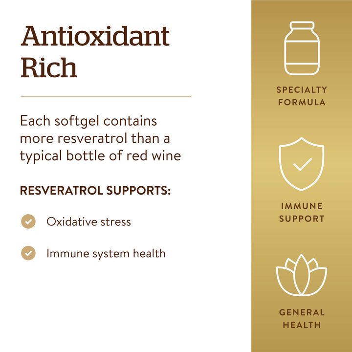Solgar Resveratrol with Red Wine Extract, 250 mg, 60 Softgels - Antioxidant Protection - Immune Support - Red Wine Polyphenol - Non-GMO, Gluten Free, Dairy Free - 60 Servings