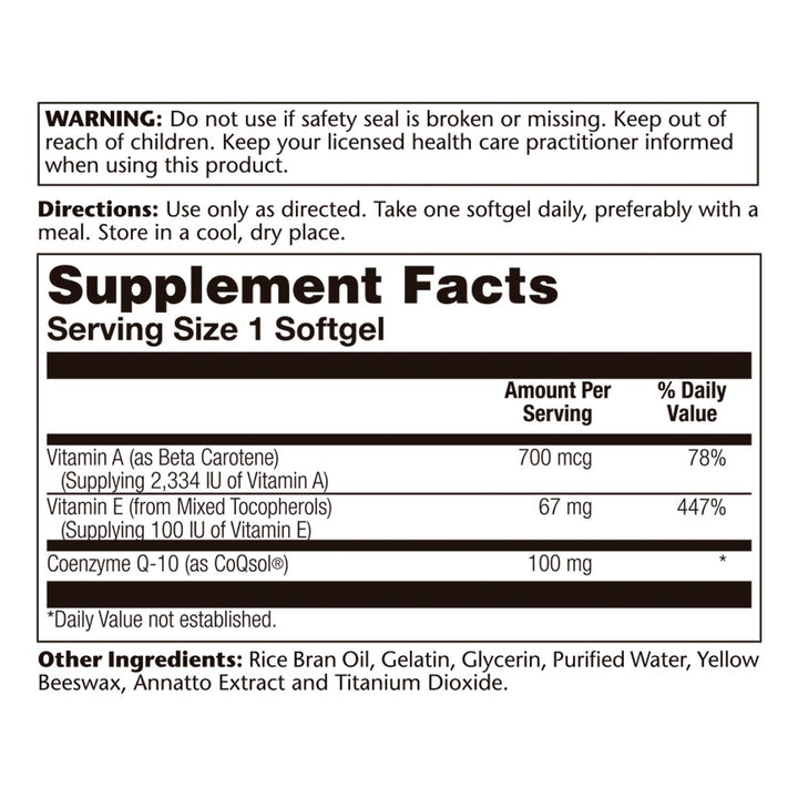 Bio CoQ-10 100 mg | Enhanced Absorption | Vitamins A & E | Healthy Heart & Cellular Energy Support (60 CT)