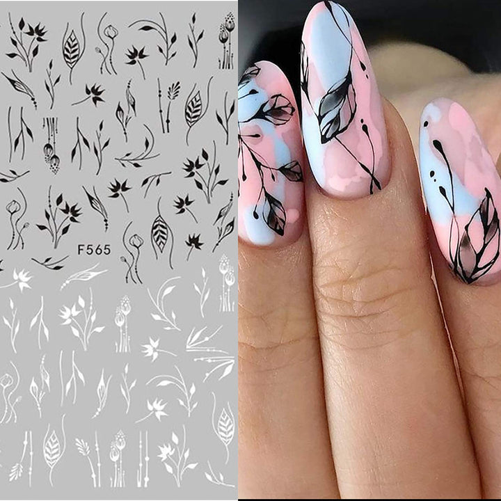 , 10 Sheets Black White Leaf Flower Line Nail Stickers Decals,3D Self-adhesive Retro Leaves Flowers Vine Geometry Line Nail Design For Acrylic Nails,DIY Nail Supplies Nail Decoration