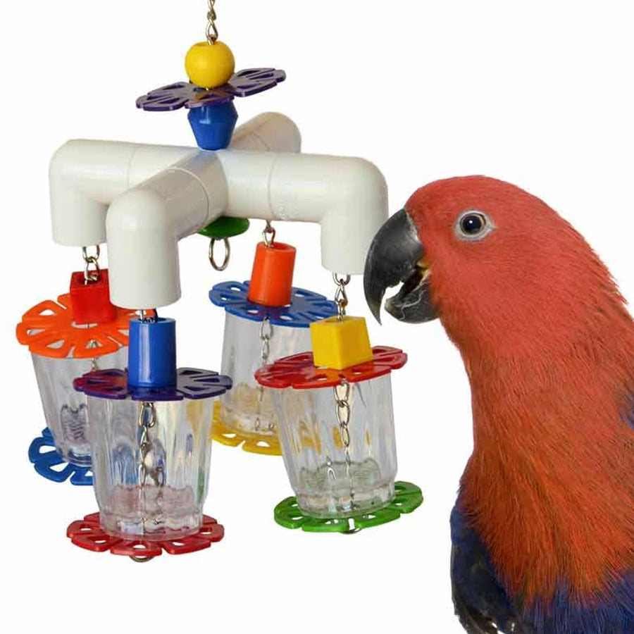 SB634 4 Way Forager Bird Toy with Clear Acrylic Cups, Medium to Large Bird Size, 12” x 7” x 7”