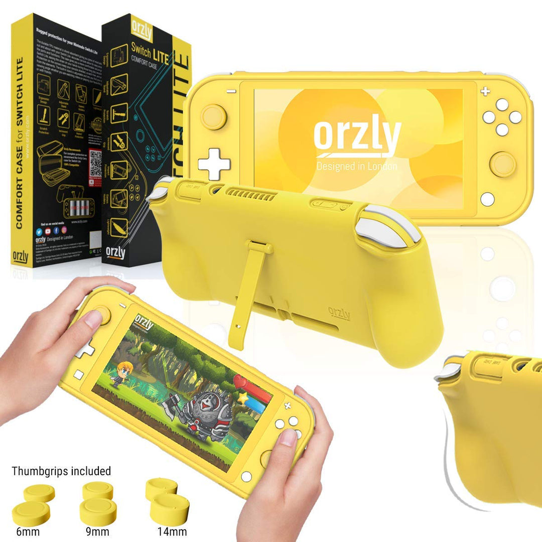 Grip Case for Nintendo Switch Lite – Case with Comfort Padded Hand Grips, Kickstand, & Pack of Thumb Grips - Yellow