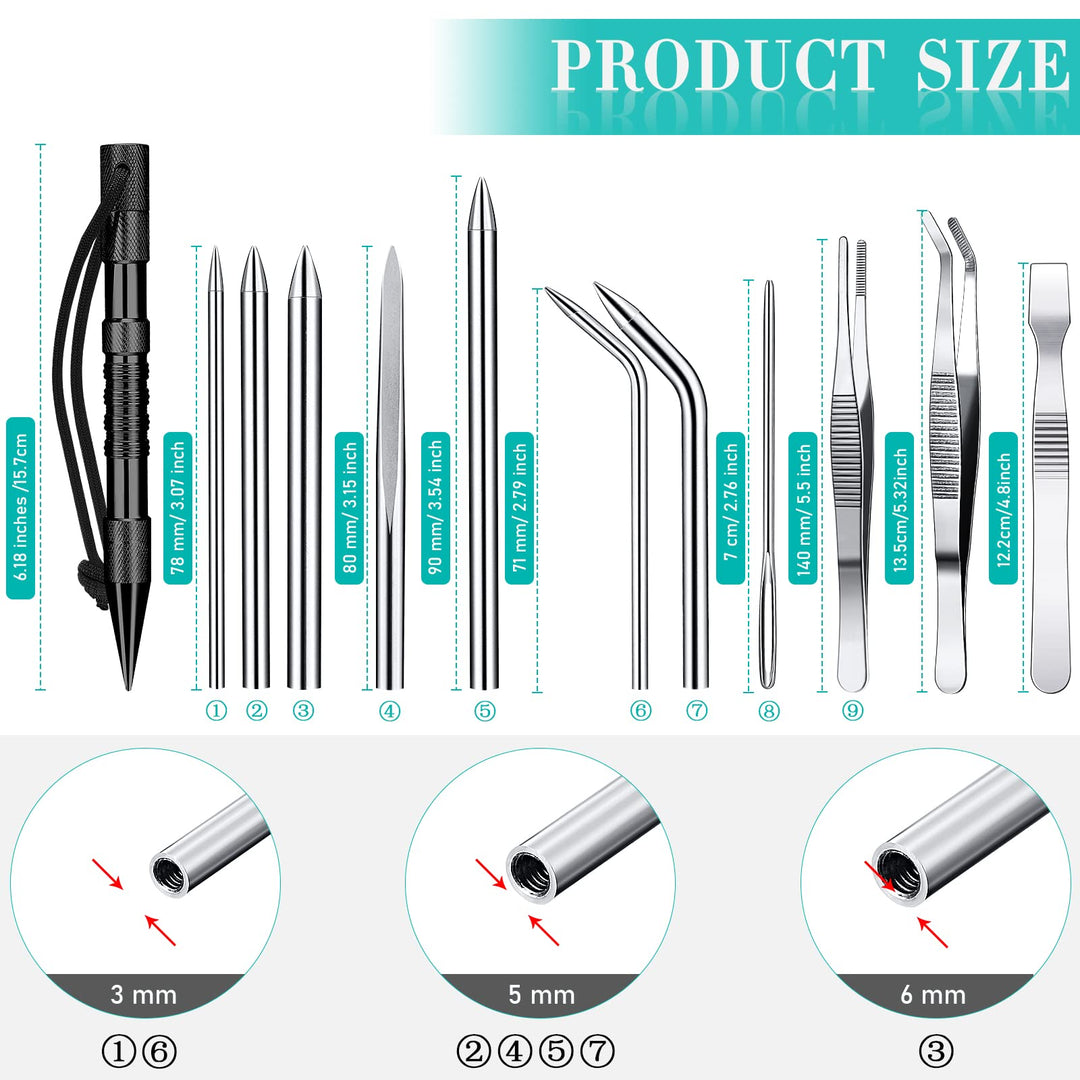 14 Pieces Paracord Tools Paracord FID Needle Set Paracord Stitching Set Stainless Steel Lacing Needles Smoothing Tool Knotter with Marlin Spike for Paracord Work Leather Weaving (Black)