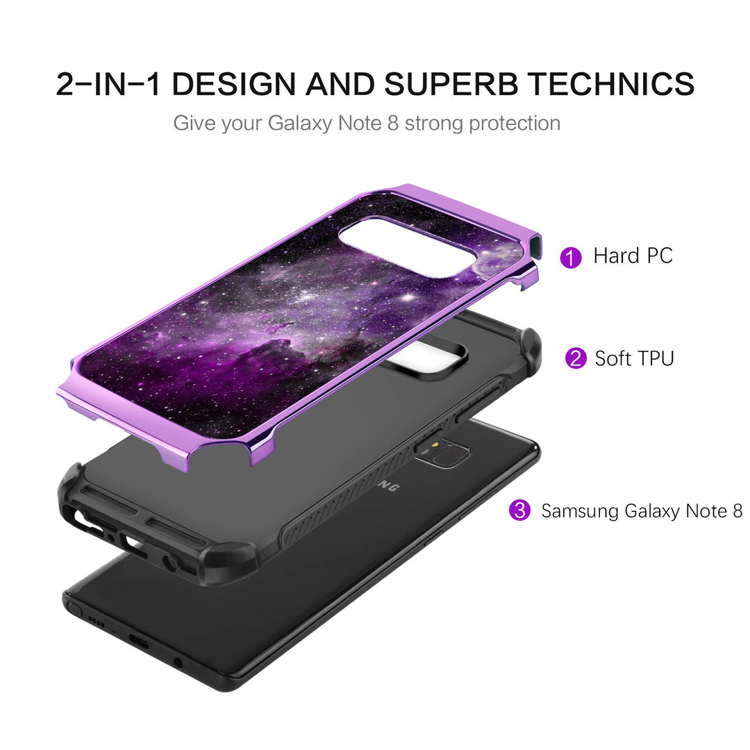 for Samsung Galaxy Note 8 Case, Slim Fit Glow in The Dark 2 in 1 Heavy Duty Rugged Hybrid Soft TPU Bumper Hard PC Shockproof Protective Cases for Samsung Galaxy Note 8 6.3, Purple Nebula