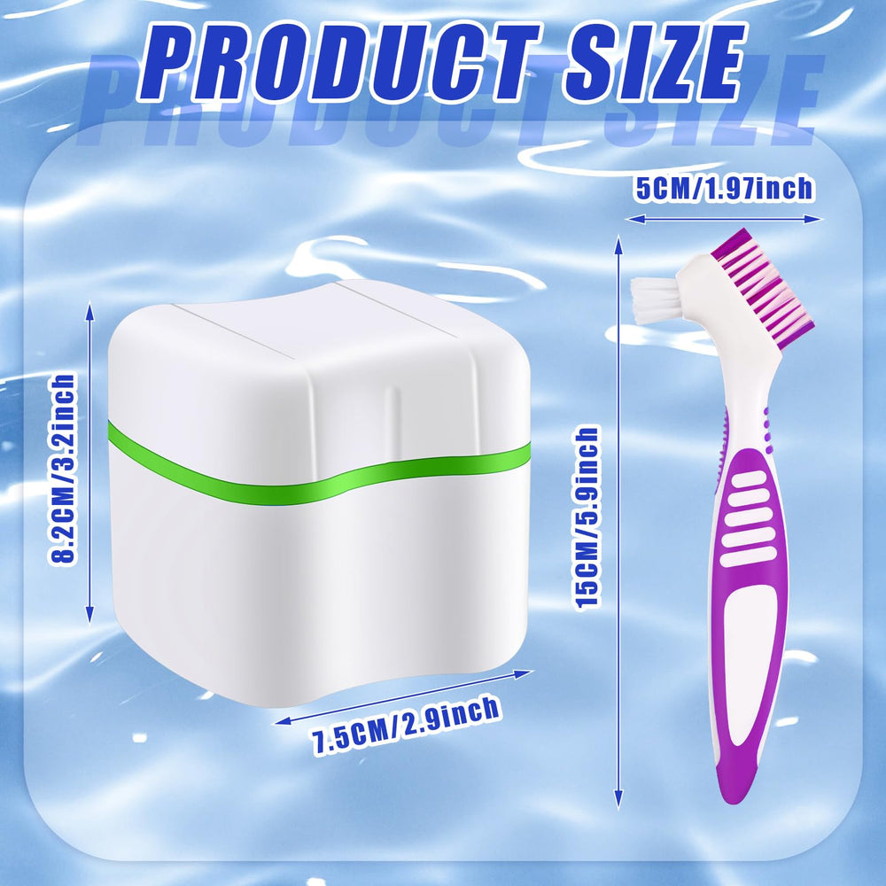 2 Denture Bath Cases with 2 Denture Cleaner Brushes Denture Boxes Dentures Container with Basket Denture Holder Brush Retainer Case for Travel Retainer Cleaning (Lake Blue, Light Green, Blue, Green)
