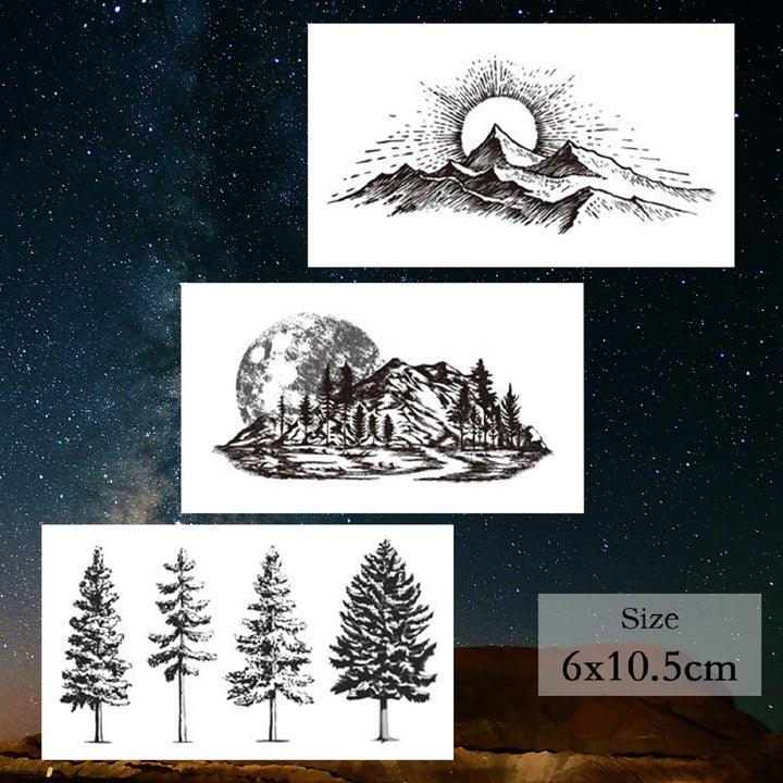 62 Sheets Mountain Temporary Tattoos Stickers, Including Fake Tattoos Waterproof Black Geometry Sun Star Moon Tree Triangle Sea Wave Semi Permanent Tattoos for Adult and Kids