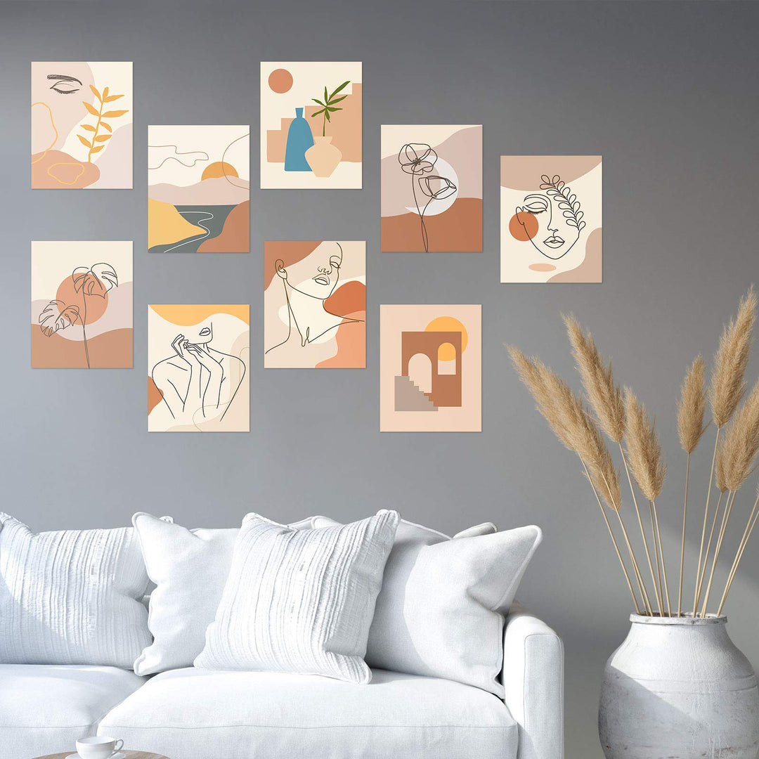 9 Pieces Minimalist Line Wall Art Prints Boho Abstract Modern Aesthetic Art Posters Unframed Woman Face Landscape Geometric Drawing Wall Art for Girls Women Bedroom Dorm Living Room, 8 x 10 Inch
