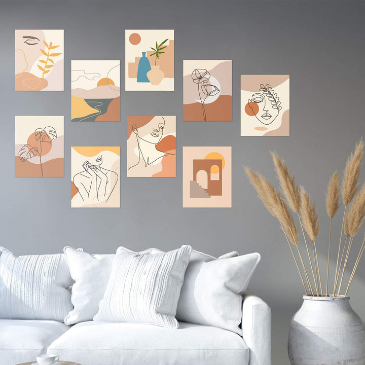 9 Pieces Minimalist Line Wall Art Prints Boho Abstract Modern Aesthetic Art Posters Unframed Woman Face Landscape Geometric Drawing Wall Art for Girls Women Bedroom Dorm Living Room, 8 x 10 Inch