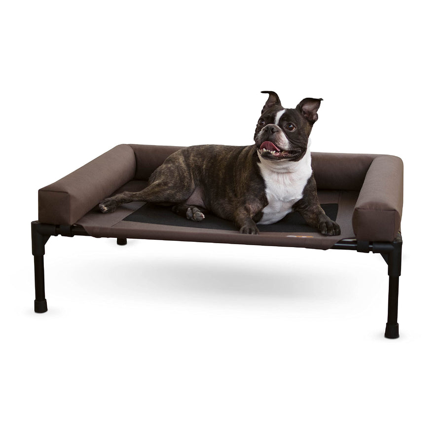 Bolster Dog Cot, Cooling Indoor Outdoor Elevated Cot Hammock Dog Bed with Removable Washable Bolsters, Washable Mesh Cover, Raised Metal Frame - Medium 32 X 25in Chocolate