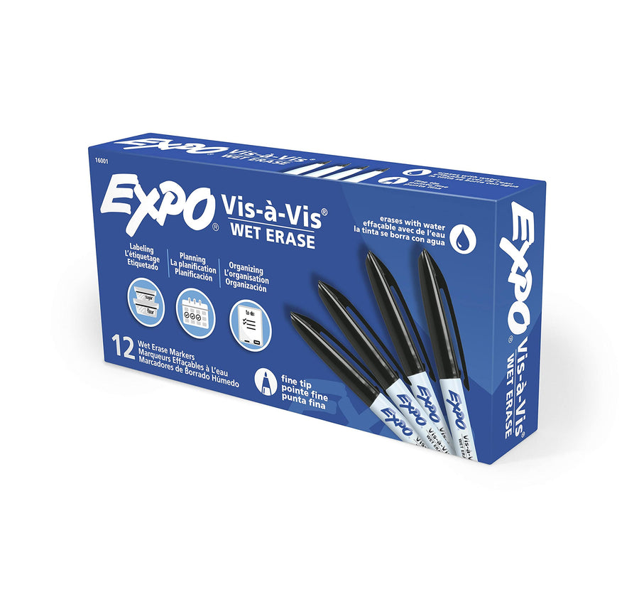 Visa Vis Wet Erase Markers, Fine Point, Black, 12-Pack, Ideal for Classroom and Homeschool Use
