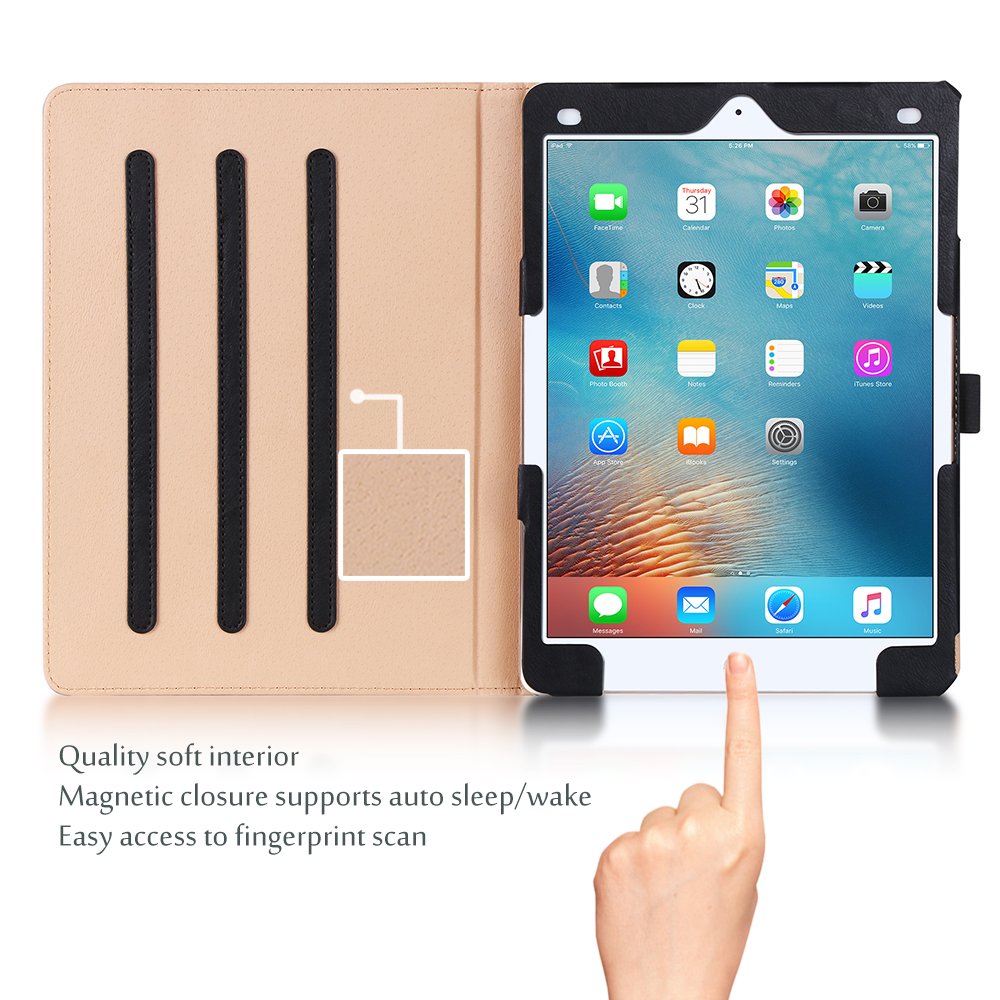 for iPad Pro 9.7 Case 2016 (Old Model), PU Leather Stand Folio Cover for iPad Pro 9.7 Inch (A1673/A1674/A1675) with 3 Viewing Angles & Pencil Holder & Document Card Pocket -Black
