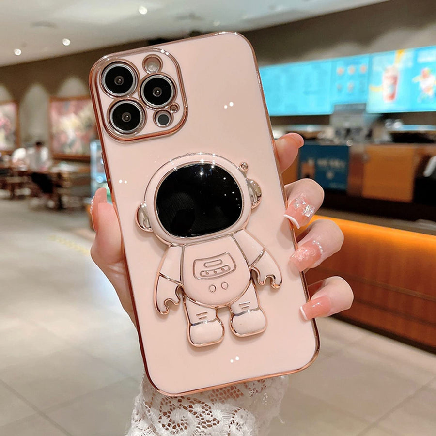 6D Plating Astronaut Hidden Stand Case Cover for iPhone 13 Pro Max Women Astronaut Folding Bracket Kickstand iPhone Case with Camera Protector Soft TPU Shockproof Bumper 6.7 Inch - Pink
