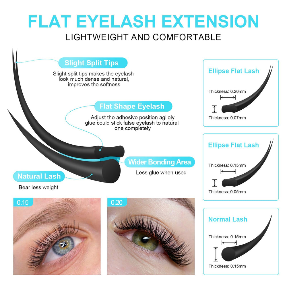 Ellipse Eyelash Extensions Flat Split Tips Individual Lash 0.15mm D curl 9mm Matte Black Faux Mink Classic Lash Supplies