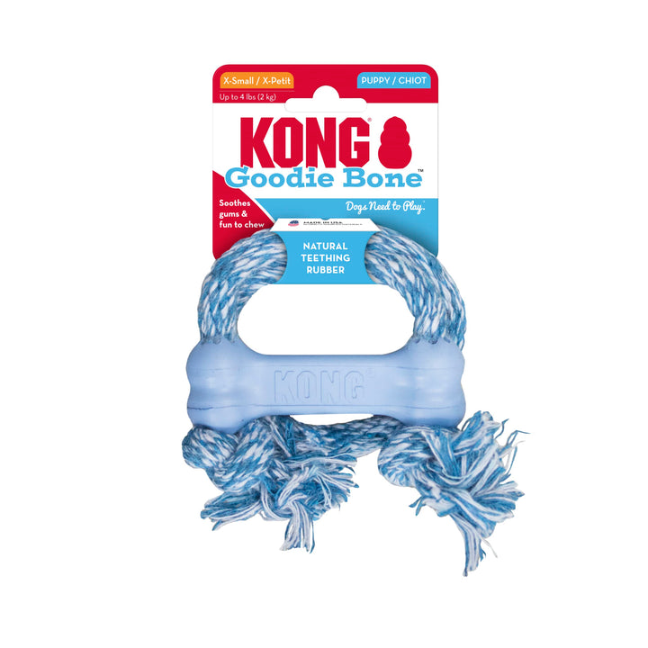 Puppy Goodie Bone with Rope - Natural Rubber Bone with Cotton Rope - Teeth Cleaning Chew Toy for Growing Puppies - for XS Puppies - Blue