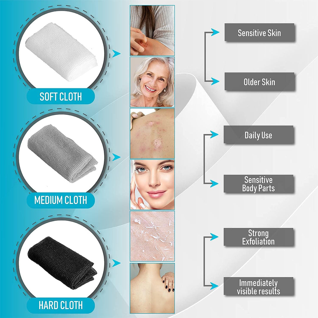 Exfoliating Body Washcloth Variety Pack (3pc) - Soft, Medium & Hard - Nylon Body Scrub Cloth (11.8 X 35.4) - Ideal Bath Shower Back Scrubber for Men & Women - Enhances Skin Beauty