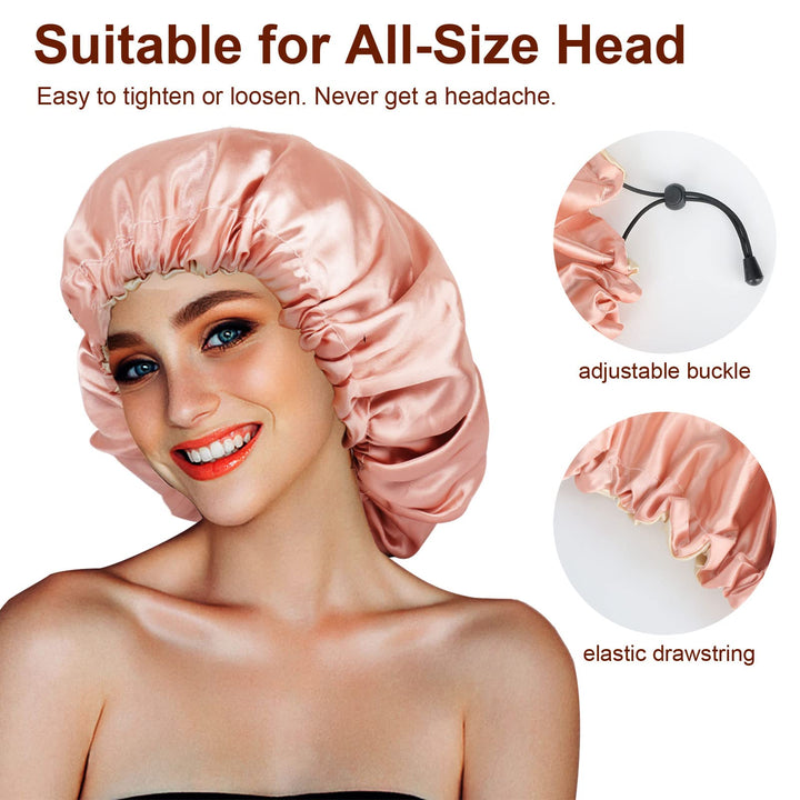 Satin Bonnet, 2PCS Silk Bonnet, Hair Bonnet for Black Women for Curly Hair Sleeping, Silk Sleeping Cap, Satin Sleep Cap, Satin Night Cap, Hair Cap for Sleeping, Sleep Bonnet, Black & Pink