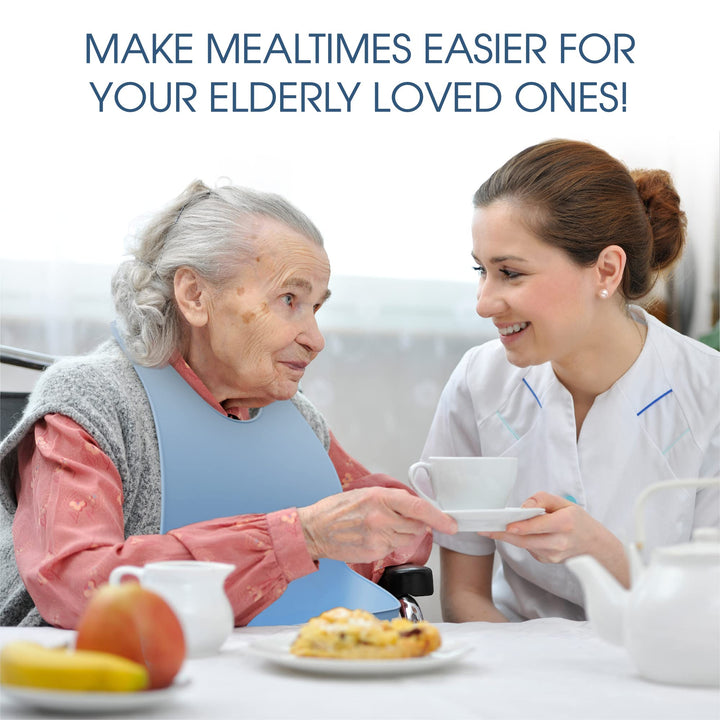 Adult Bibs for Elderly - Comfortable and Easy to Clean Silicone Bibs for Adults with Easy to Use Button Closure and Bottom Crumb/Liquid Catcher, Dishwasher Safe