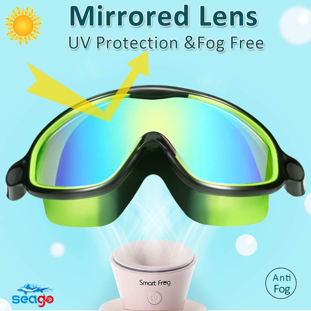 Swim Goggles 2 Pack Anti-Fog Anti-UV Wide View UV Protection, Adjustable Swimming Goggles for Kids 3-15, Light Blue & Black, Green