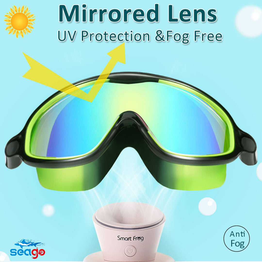 Swim Goggles 2 Pack Anti-Fog Anti-UV Wide View UV Protection, Adjustable Swimming Goggles for Kids 3-15, Light Blue & Black, Green