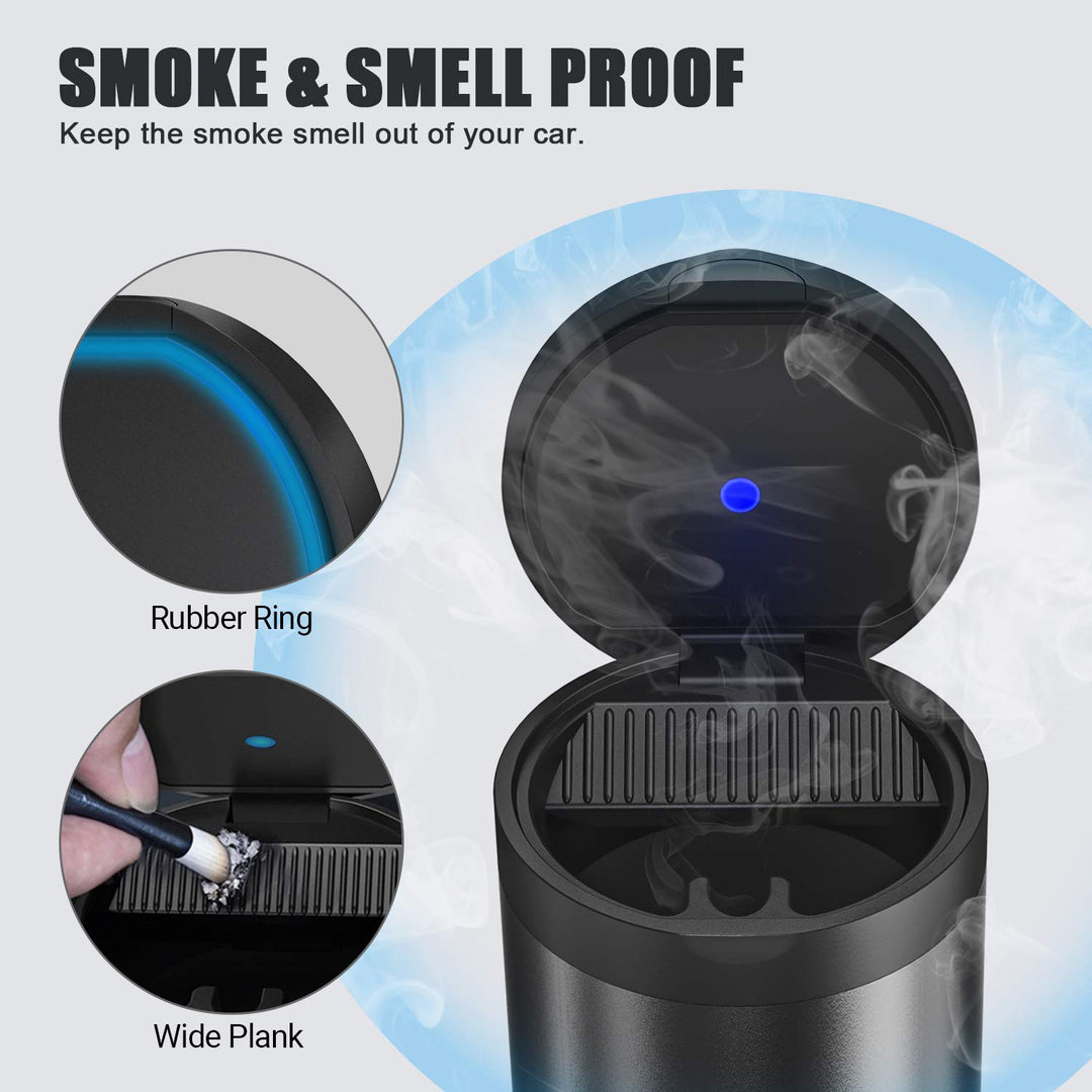 Car Ashtray with Lid, Portable Ashtray for Car, Mini Car Trash Can, Detachable Stainless Steel Smokeless Ash Tray with LED Blue Light (Misted Grey)
