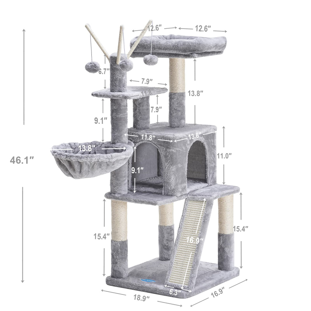 Cat Tree 46inch Cat Condo with Sisal Scratching Posts,Multi-Level Cat Tower with Scratching Board,Basket,Removable Fur Ball Sticks,Light Grey MPJ015W