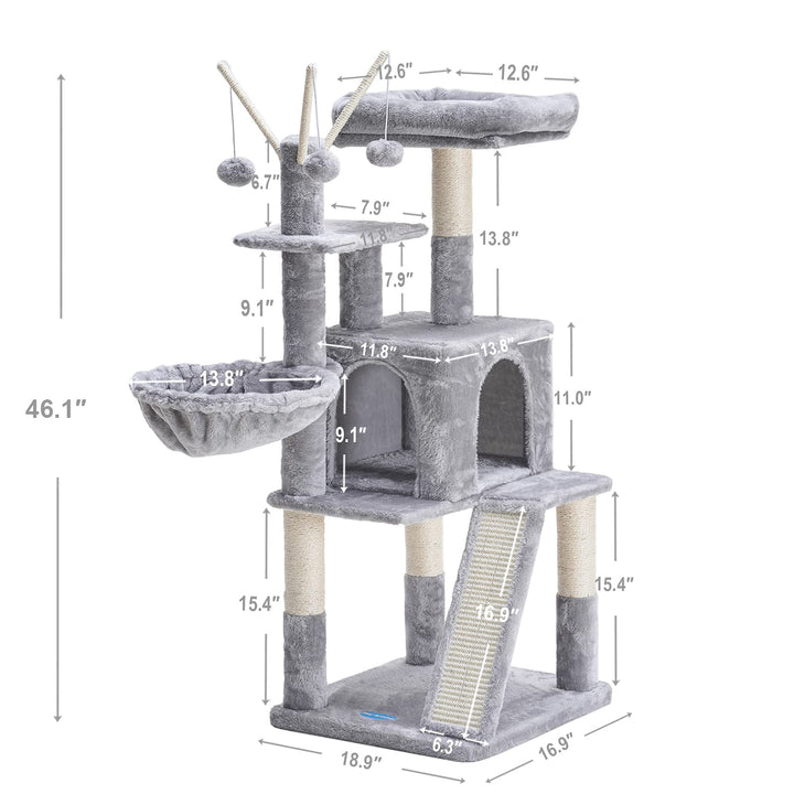 Cat Tree 46inch Cat Condo with Sisal Scratching Posts,Multi-Level Cat Tower with Scratching Board,Basket,Removable Fur Ball Sticks,Light Grey MPJ015W