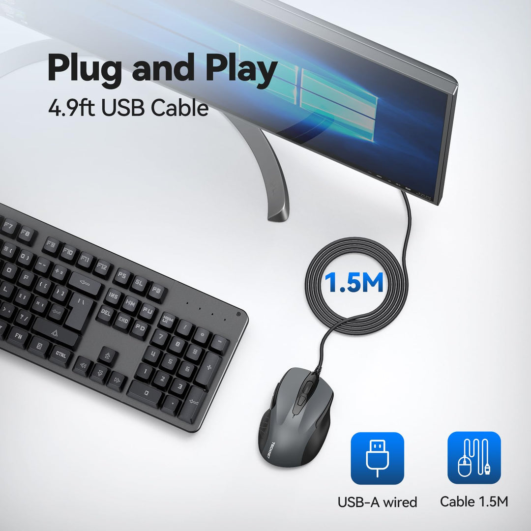 USB Wired Mouse, 6-Button Corded Mouse with 4 Adjustable DPI, Optical Computer Mouse with Ergonomic Design and 5FT Cord for Laptop, Chromebook, PC, Desktop, Mac, Notebook-Gray